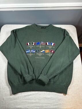 Structure Men's Green Crewneck Mountain Peak Flag Embroidered Sweater Size XL